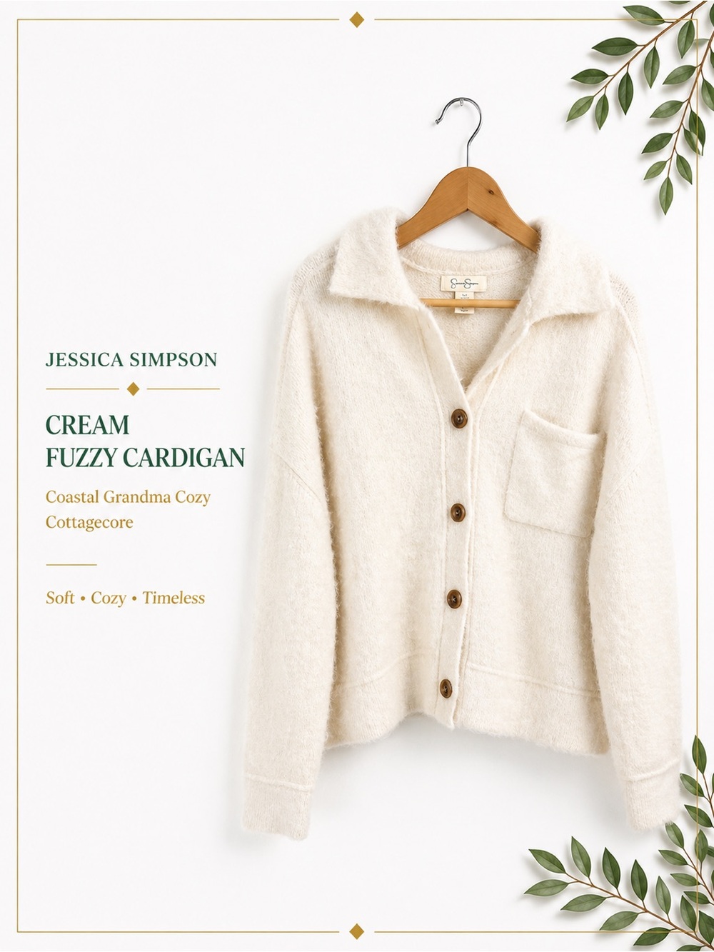 Jessica Simpson Cream Fuzzy Cardigan Coastal Grandma Cozy Cottagecore Large